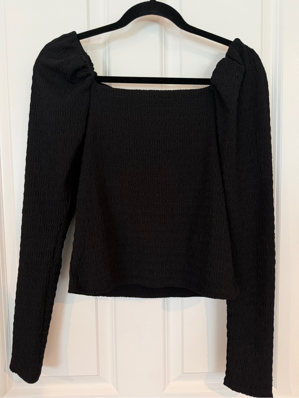 H&M Black Textured Puff-Sleeve Top